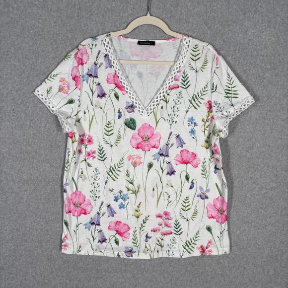 Crochet Cottage Shirt Womens Large Thin Stretch Poppy Flowers Grandma Casual - Picture 1 of 11